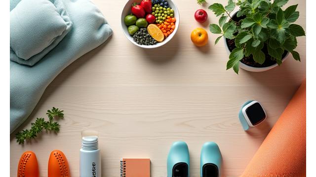 A diverse collection of health-related items like a meditation cushion, healthy food, and running shoes, symbolizing a comprehensive wellness package.