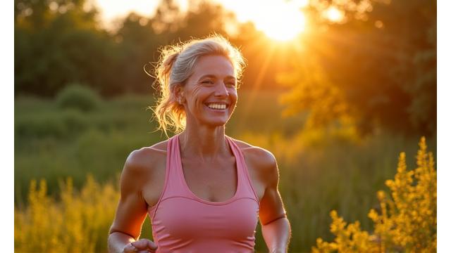 An adult engaged in moderate, joyful exercise outdoors, representing fitness and movement integration.